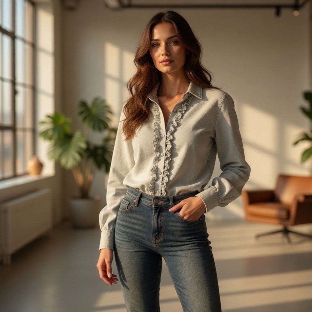 Forenza Vintage Light Wash Denim Ruffle Front Button Down Shirt Womens‎ Medium
